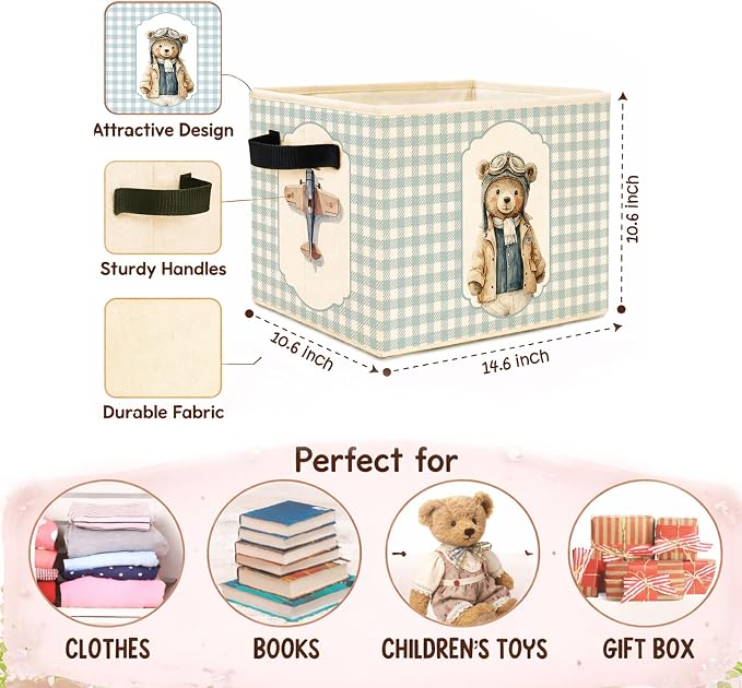 Airplane Bear Storage Bin, Pilot Teddy Plaid Foldable Fabric Basket | Cute pilot teddy bear fabric organizer for nursery, bedroom, playroom, toys, books, and clothes