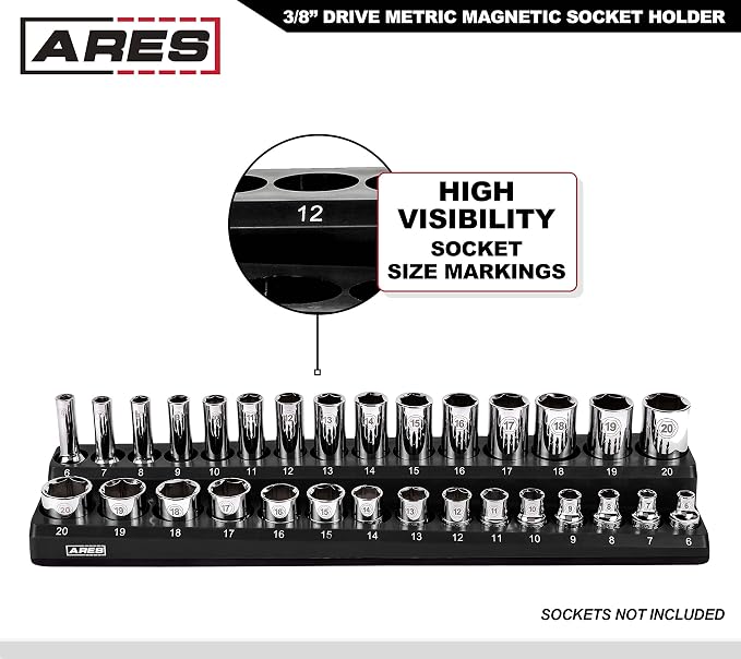 ARES 70235 30-Pc 3/8-In Metric Magnetic Socket Organizer | Part No. 70235; Securely Holds 15 Standard and 15 Deep Size Sockets in Place