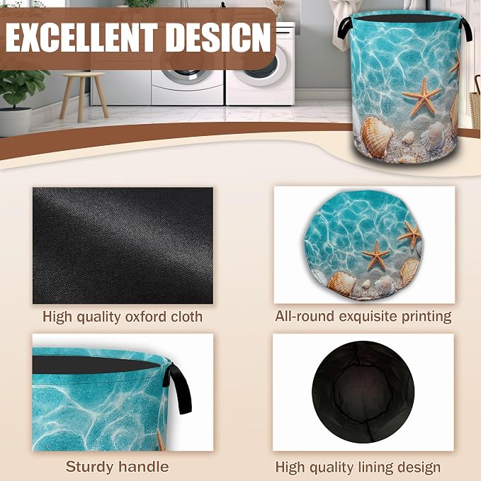 Laundry Hamper,Starfish and Seashell on Beach Collapsible Laundry Baskets Waterproof Oxford Cloth With Handles,Clothes Storage Bucket Toy Organizer For Bathroom/Nursery/Bedroom 16" x 20.8"
