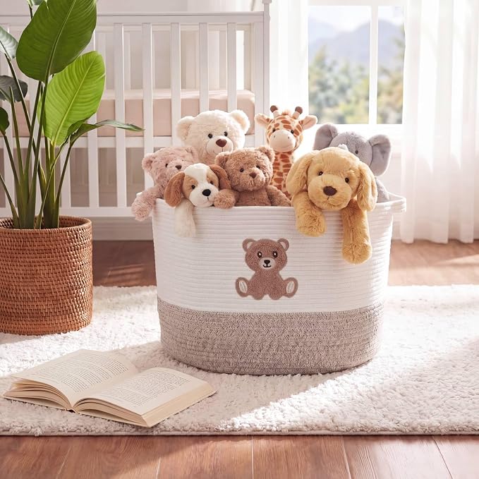 LemonRoad Extra Large Basket 20"x14", Woven Basket for Laundry Blanket Toy Box with Handle Storage, Blanket Storage for Living Room Nursery Pillows Chest(Cotton Rope,Cute Bear,Brown)
