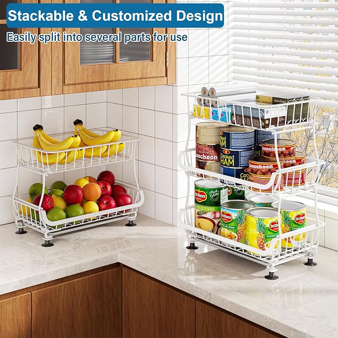 OKZEST 3-Tier Rolling Pantry Floor Organizers and Storage Cart with Wheels | Fits under pantry shelf, Stackable kitchen pantry baskets with dirt catch tray, Holds drink, snack, can, potato, onion, fruit