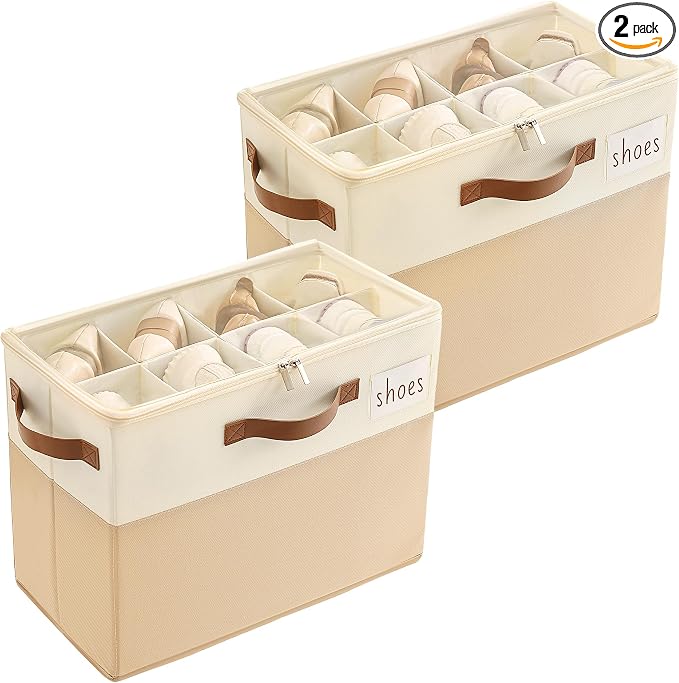 Varhomax Shoe Organizer Box 2 Pack for Closet,Small Fabric Shoe Storage Bin with Adjustable Dividers & Clear Cover, Saving Space Sneakers & Sandals Containers for Entryway, Cubby