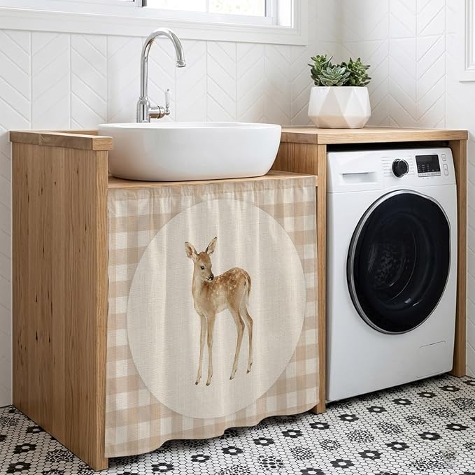 Resting Fawn Cabinet Dishwasher Hidden Curtains, Privacy Closet Door Curtain, Retro Natural Animals Farmhouse Plaid Adhesive Dust Proof Under Sink Skirt for Bathroom Kitchen 35"x35"