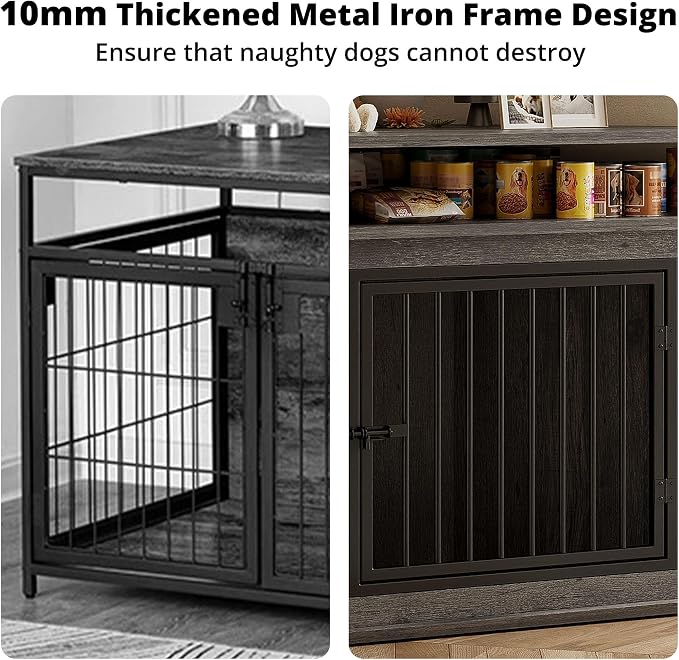 IRONCK 51" Large Corner Dog Crate Furniture with 2-Tier Storage Shelves | 10mm thickened iron frame. 2-tier shelves and 200 lb top. Space-saving corner design. 26.7" L x 51.2" W x 33.5" H. Gray