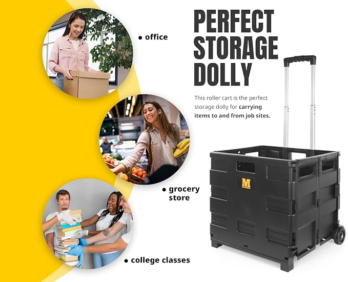 MaxWorks 51051 Collapsible Black Rolling Folding Dolly Cart for Teachers - Multi-Functional Dolly with Extra Storage Durable Wheels and Easy-to-Fold Design for Classroom Office Shopping - Without Lid
