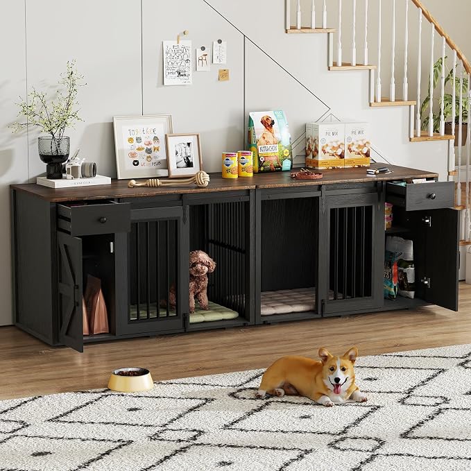 Verano Garden 88" Dog Crate Furniture, Dog Kennel Cage, Black (88") | 2-in-1, Lockable, Decorative, Sliding Door, Removable Divider, Adjustable Shelf, Farmhouse, Heavy Duty, Small Medium Dogs