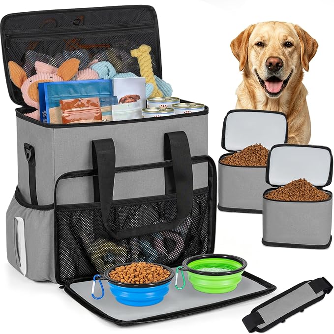 TORIBIO Large Dog Travel Bag for Supplies with Food Bowl | With 2 Food Container and Collapsible Bowls, Mat & Divider, Water-resistant, Pet Travel Kit for Weekend, Road Trips, Camping