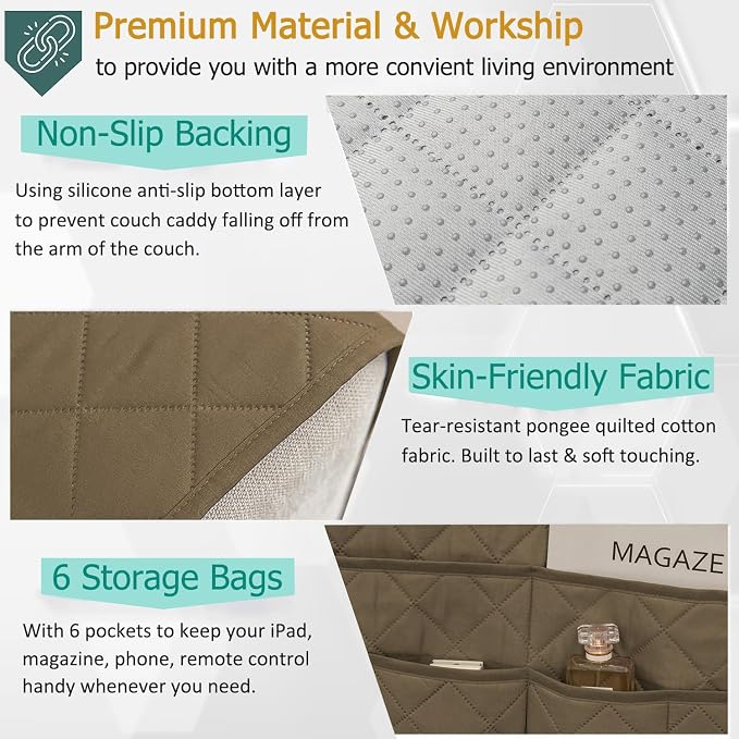 Remote Control Holder for Recliner Non-Slip Armchair Caddy Couch Armrest Organizer, Arm Chair Bedside Caddy Storage Organizer for Recliner Couch With 6 Pockets for Magazine, Phone, iPad (Beige)