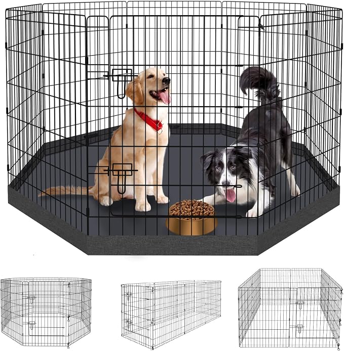 Artmalle Dog Playpen 36" H, 8 Panel 24" W Pen with Door & 600D Oxford Pad | 8*24"x 36"H rustproof metal panels with door and durable 600D Oxford Octagonal bottom pad for indoor, outdoor and RV use.