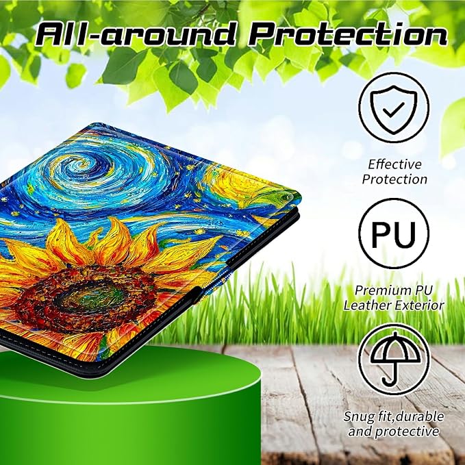 Universal Tablet Case for T-Mobile Revvl Tab 2 10.1" 2025/Revvl Tab 5G 10.36" 2023, 360 Degree Rotating Kickstand Protective Stand PU Leather Shell Cover for 9"-10.5", Starry Sunflower