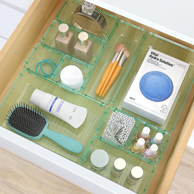 StorMiracle 28 PCS Clear Plastic Drawer Organizers Set, 4 Size Desk Drawer Organizer Trays for Makeup, Jewelry, Kitchen Utensils, Gadgets and Office Accessories, Sea Blue | 4 Size Desk Drawer Organizer Trays for Makeup, Jewelry, Kitchen Utensils, Gadge...