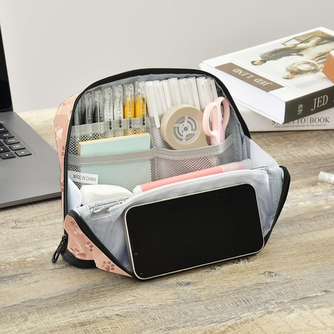Aslsiy Large Capacity Pencil Case Rose Gold Pet Paws (2) Pencil Pouch for Boys Girls Portable Pen Bag Organizer Standing Makeup Bag for School Office Supplies