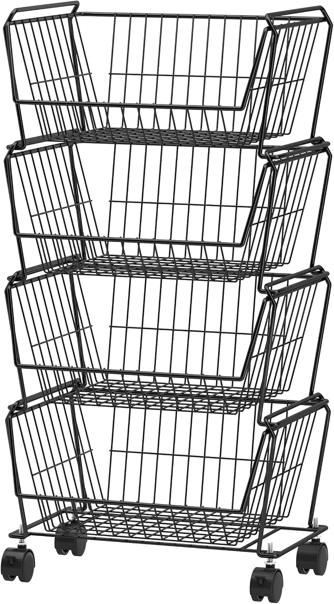 PUSDON 4-Tier Large Stackable Wire Storage Baskets with Wheels, Metal Rolling Utility Cart Organizer, Produce Basket for Kitchen Pantry, Floor Shelf, Matte Black