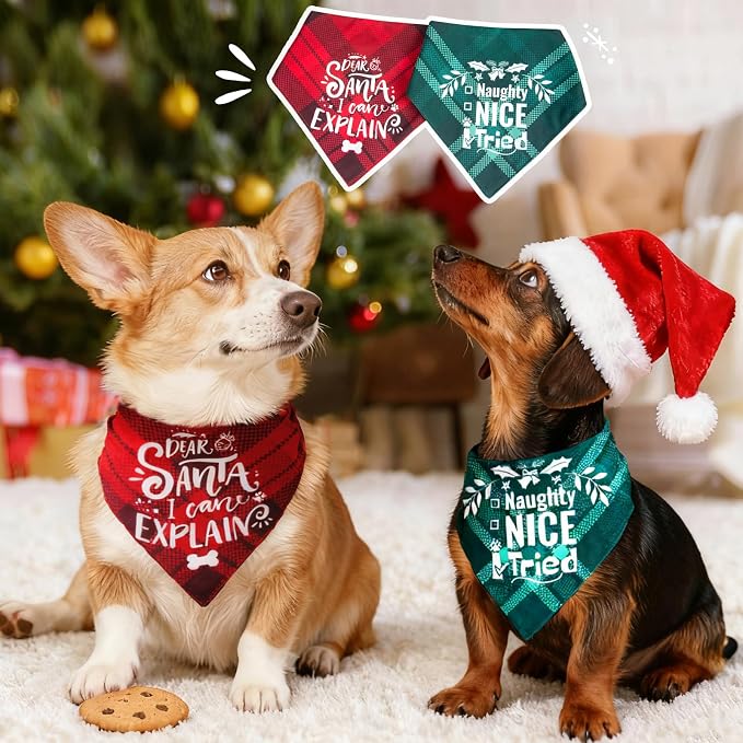 Christmas Dog Bandanas Pets Funny Holiday Costume Gift Xmas Stocking Stuffers - Naughty Nice I Tried, Green Plaid, Extra Large Breed, 75lbs+