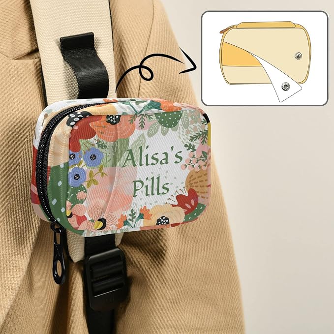 Custom Pill Box 7 Day Pill Case Bag Cactus Flowers Personalized Name Travel Pill Organizer Bag with Zipper Portable Weekly Case Compact Size for Vitamin Supplement Holder