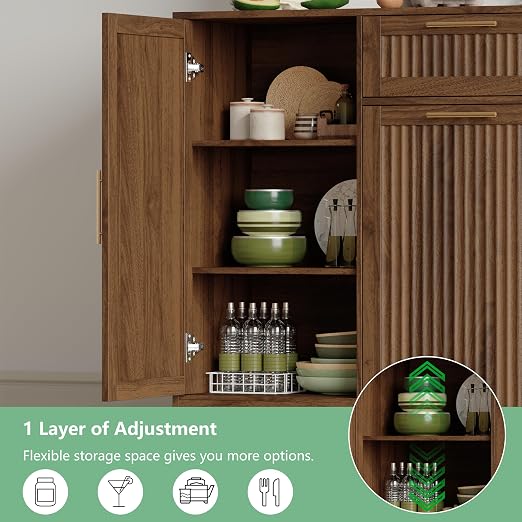 Single 13 Gallon Pull Out Trash Can Cabinet with Storage Cabinet,Walnut | Pet Proof Hidden Garbage Can Cabinet,3-Tier Shelves,Fluted Design,Extra Drawer Space,Kitchen & Dining Room Organization