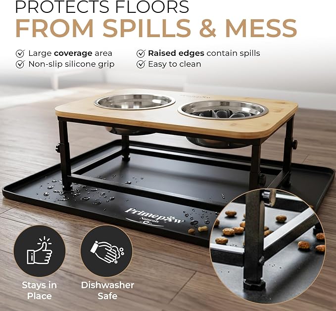 Adjustable Raised Dog Bowls – Elevated Dog Bowl Stand with Bamboo Stand, 2 Stainless Steel Bowls, Slow Feeder Insert & Silicone Mat – Dog Bowls with Stand for Small & Medium Dogs