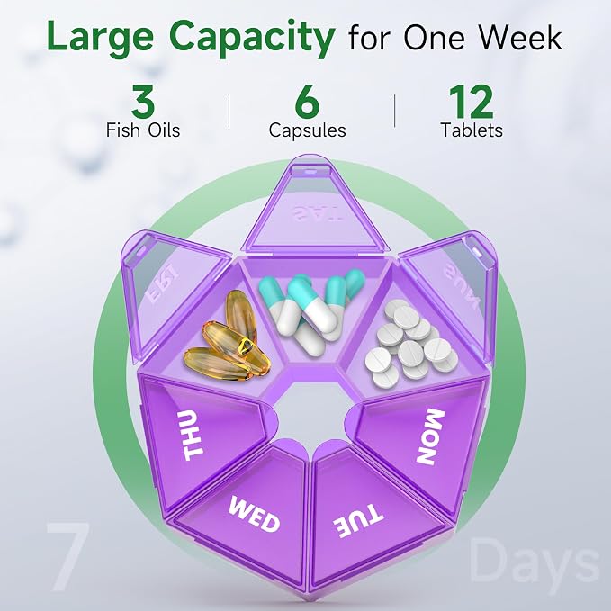 Weekly Pill Organizer, 2 Pack Portable Travel Pill Box, 7 Day Pill Case | Easy Open, BPA-Free, Arthritis Friendly Medicine Pill Container, Medicine Case for Vitamins,Supplements Medications, Purple