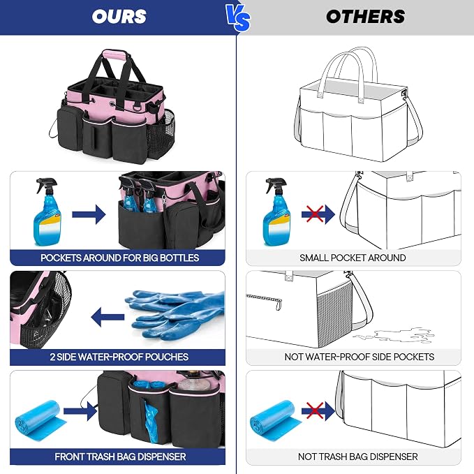 LoDrid Large Professional Cleaning Caddy with Detachable Divider, Pink | Cleaning Supply Organizer with Handle and Shoulder Strap for Housekeepers & Cleaners