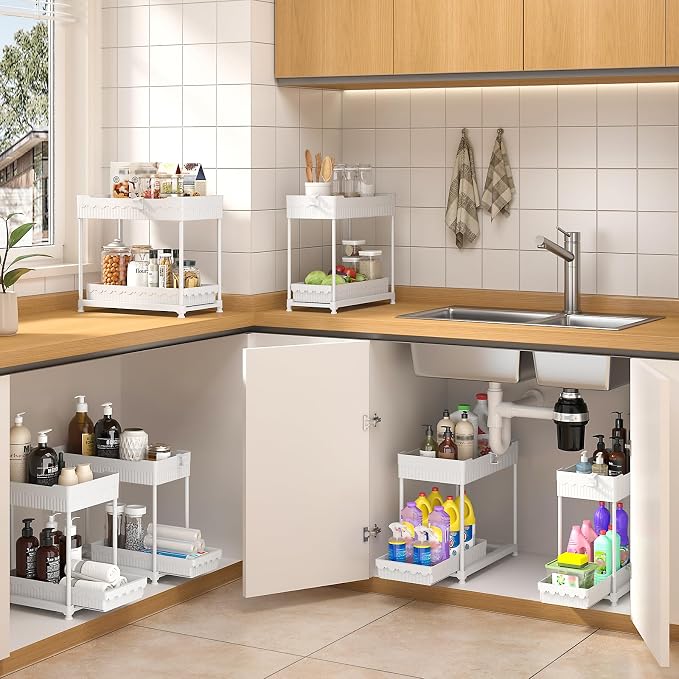 3 Pack Under Sink Organizers, 2-Tier Multi-Use Kitchen and Bathroom Organizers and Storage with Sliding Drawers, Bathroom Cabinet Organizer (White, 14.8 Inch) | Multi-use kitchen & bathroom storage, 14.8 inch white cabinet organizer, space-saving slidi...
