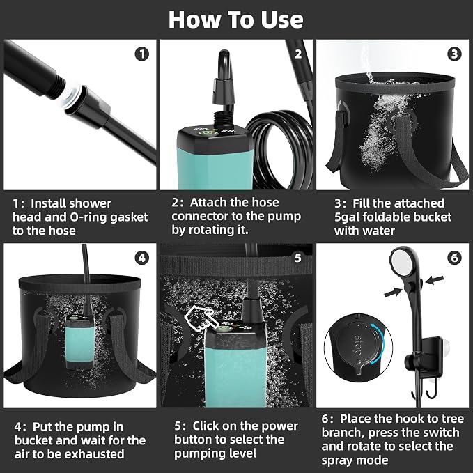 Moriko Portable Camping Shower, 6000mAh Rechargeable Shower Pump, Filtered Shower Head & 5 Gallons Foldable Bucket, Outdoor Shower for Hiking Beach, Travel, Pet Bath, Car Washing, Surf & Boat Cleaning