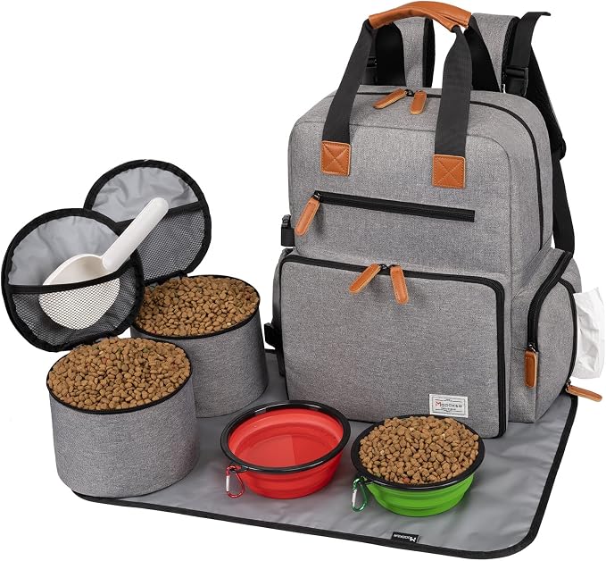 Modoker Dog Travel Backpack Set with 2 Food Bags, 2 Bowls and 1 Mat, Grey | Water-Resistant Oxford Fabric | Roomy Main Compartment | Multiple Functional Pockets | Stroller Strap | Leak-Resistant Lining