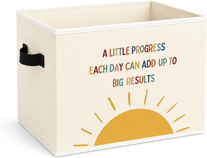 Progress Sun Foldable Fabric Storage Bin | A Little Progress Each Day sun pattern design; foldable fabric storage bin for kids room, nursery, toys, books, clothes.