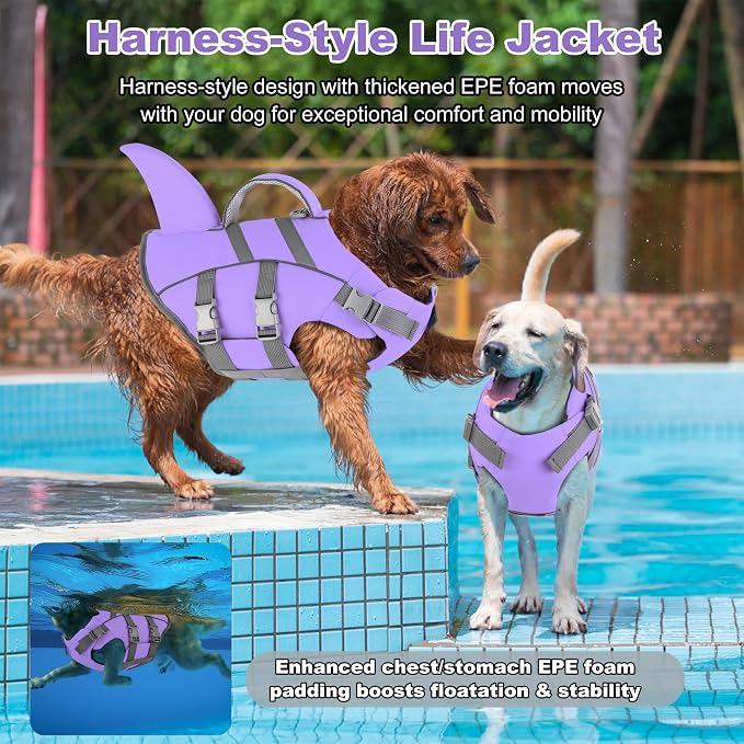 Dogcheer Swim Dog Life Jacket Shark, Life Vest for Dogs- Tar. Purple,XL | High Buoyancy, Harness-Style, Rescue Handle, Adjustable Fit, Reflective, Swimming & Boating, Puppy Small Medium Large Dogs