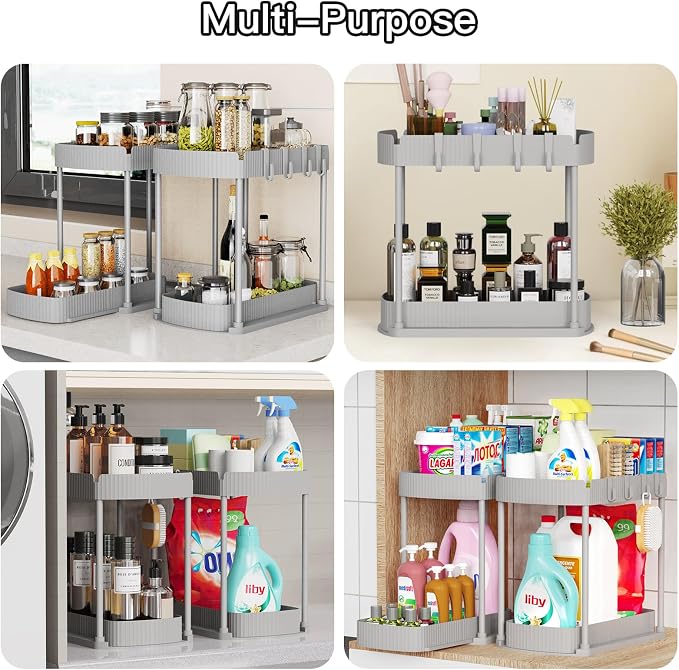 2 Packs Under Sink Pull-Out Storage Organizers, 12.8 Inches, Grey | Multi-Purpose Cabinet Organizers and Storage for Bathroom & Kitchen