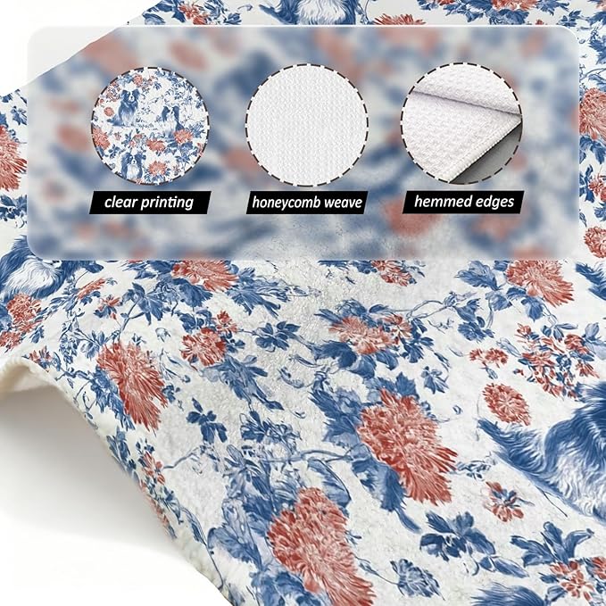 Papilion Kitchen Dish Towels,Blue and White Floral Dog Towel Dish Tea Towels, Chinoiserie Decor for Kitchen Bathroom,Cocker Papilion Gifts for Dog Lover Mom Dad,16x24 Inch