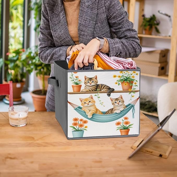 Animal Cat Flower Foldable Storage Bins, 10.6" Cube Storage Organizer, Sturdy Oxford Cloth Fabric Baskets for Closet, Shelf, Nursery, Bedroom, Decorative Printed Box for Toys & Clothes