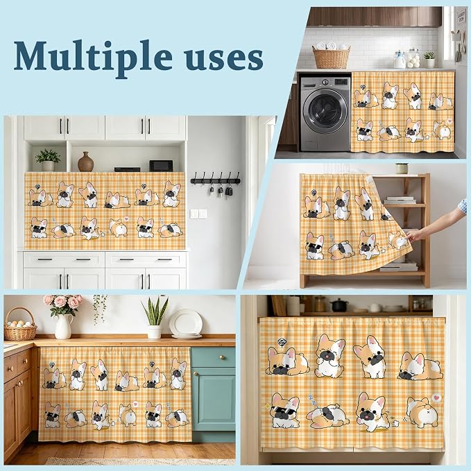 Cute Puppy Sink Skirt for Bathroom, Self-Adhesive Under Sink Curtain, Orange Beige Plaid Modern Funny Dogs Pet Hide Pipes & Storage Fabric Cabinet Skirt Cover for Kitchen Laundry 32"x55"