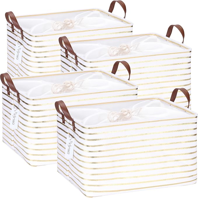 Hinwo 31L Large Canvas Storage Bin with Lid and Handles, 4-Pack | Collapsible Fabric Baskets, Closet Shelf Organizers, Containers for Clothing, Blankets, Toys, Bedding (Gold Stripe)