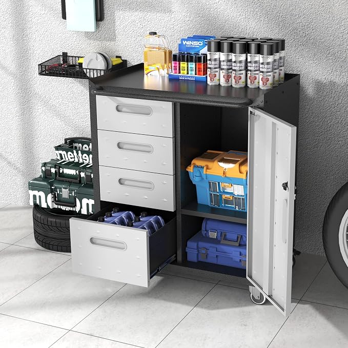 Metal Storage Cabinet for Garage, Tool Cabinet, Utility Cabinet | Wheeled, Rolling Tool Cabinet, 4 Drawers, 1 Door Lockable, Top Countertop, Assembly Required, Black & Grey