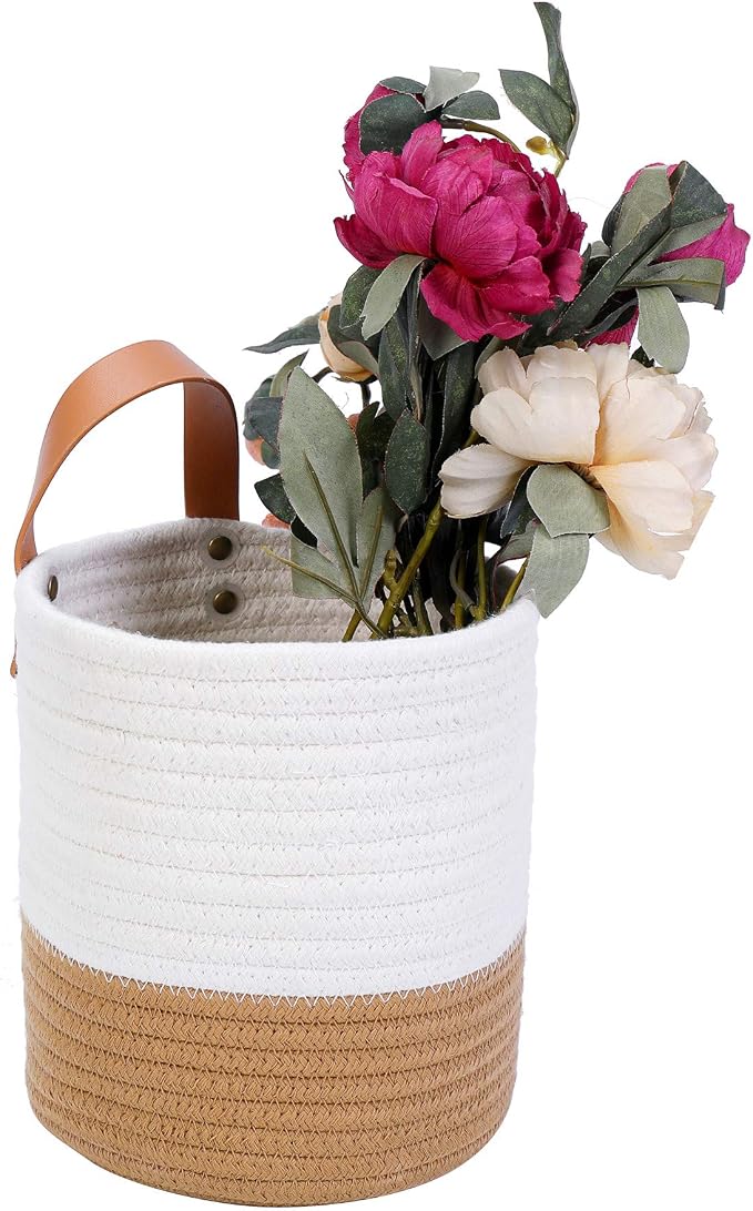 Wall Hanging Storage Basket, Woven Plant Holder for Organizing, 6.3” x 7" | Small decorative basket for towels, and toys, flowers. Hanging storage organizer for wall decor and home organization.
