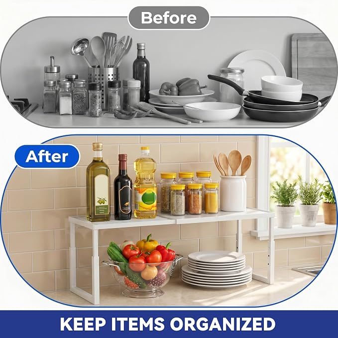 Expandable Cabinet Shelf Organizer, Stackable Countertop Shelves, White | 15.8''- 25.5'' In Cabinet Shelf, Adjustable Kitchen Cabinet Organizer for Pantry Organizer, CupBoard Organizers and Storage