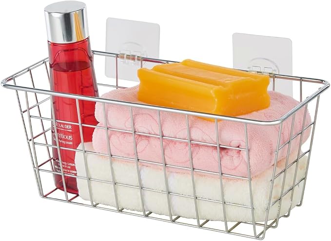 JUNCHU CHERRY 5 Pack Hanging Storage Basket, Bathroom Basket, Household Goods, with Traceless Tape, no Drilling, for Cabinet Storage, Kitchen, Bathroom, Storage Room,Chrome