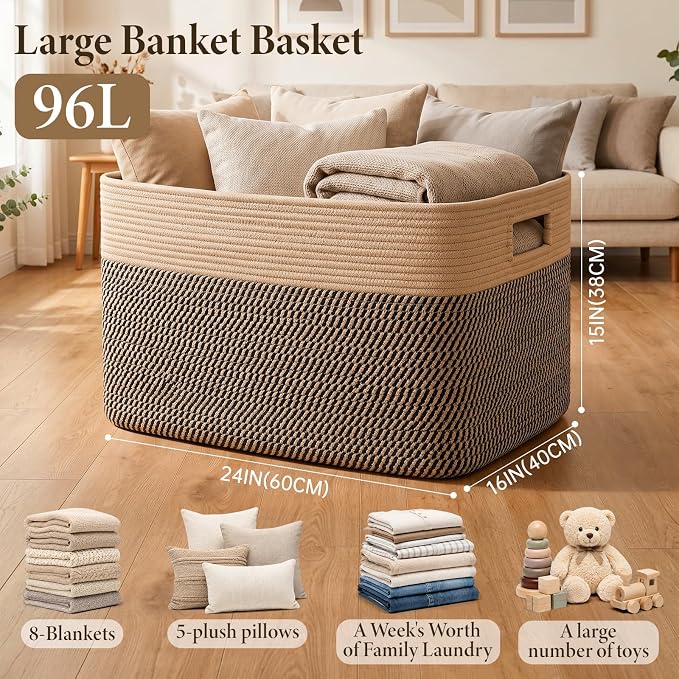 96L XL Large Cotton Rope Basket, Soft Toy Storage Bin for Nursery & Living Room, Decorative Blanket Basket for Bedroom, Baby-Safe Organizer for Pillows &Laundry, 24''×16''×15'', Brown & Black