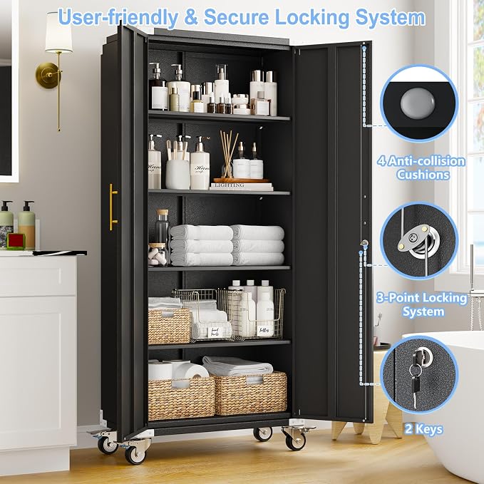 pozdeg 71" Tall Metal Rolling Garage Storage Cabinet with Lock & Wheels ﻿