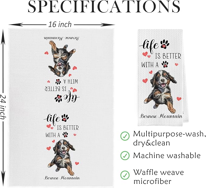 Bernese Mountain Dog Dish Towels - Funny Bernese Mountain Dog Waffle Weave Kitchen Towels, Gifts for Bernese Mountain Dog Lovers (16×24 Inches Set of 2)
