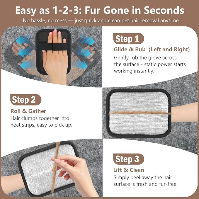 Pet Hair Removal Gloves - Gentle Deshedding Brush for Dogs & Cats, Efficient Fur & Hair Removal, Perfect for Home & Outdoor Use, Comfortable, Easy to Clean & Durable