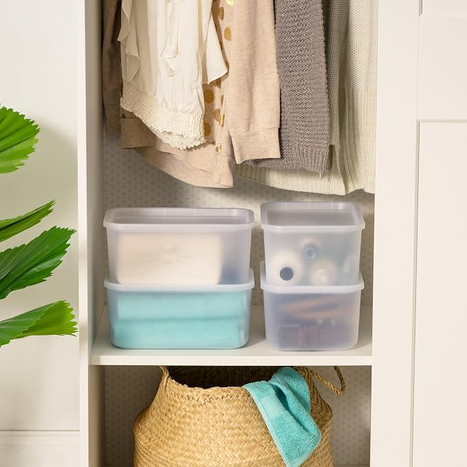 IRIS USA 7 Qt. Plastic Basket Storage Bins with Lids, Small, 4-Pack, Stackable Lidded Storage Organizer Bins for Kitchen, Bathroom and Bedroom, Pearl