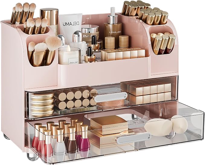 Delamu Large Makeup Organizer Countertop with 6 Brush Holders, Pink