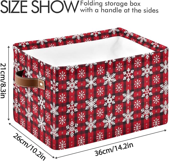 Christmas Red Buffalo Plaid Storage Basket with Waterproof Liner and PU Handles Winter Snowflake Checker Storage Bins Boxes 14.2" Collapsible Decorative Baskets for Bedroom Closet Office 2 Pack