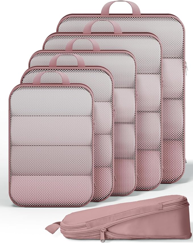 Veken 6/9/11 Set Compression Packing Cubes Garment Bags for Travel Essentials,Compressible Expandable Luggage Organizer Bags for Clothing,Space Saver Bags with Over 1000 pcs of Mesh Holes(Light Coral)