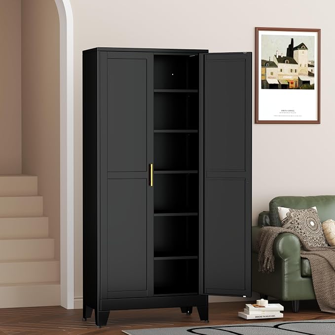 Ckzbx Metal Cabinets with Doors and Shelves, 75" H Black Storage Cabinet Pantry Cabinet Garage Cabinets for Kitchen,Living Room, Dinning Room