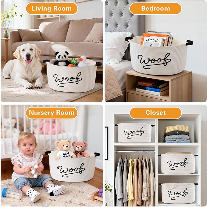 Woof Dog Toy Basket, Large Dog Toy Storage Bin with Durable Handles, Woven Dog Basket for Blankets, Toys, Chews, Pet Toy Storage Box for Nursery, Living Room, Bedroom, 17”x12”x9, White