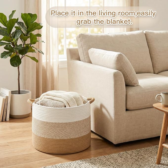 Artfeel 40L Large Cotton Rope Basket, Decorative Woven Blanket Storage for Living Room, Boho Toy Storage & Toy Box for Kids, Versatile Laundry Basket & Nursery Hamper for Blankets(Brown)