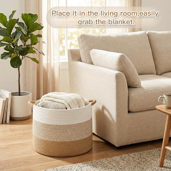 Artfeel 70L Large Cotton Rope Basket, Decorative Woven Blanket Storage for Living Room, Boho Toy Storage & Toy Box for Kids, Versatile Laundry Basket & Nursery Hamper for Blankets(Brown)