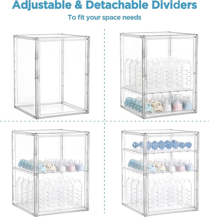 HBlife Baby Bottle Storage Organizer for Countertop Cabinet, 3 Tiers Adjustable Clear Acrylic Bottles Storage Station Case Box Container with 2 Removable Dividers and Magnetic Door, XXL
